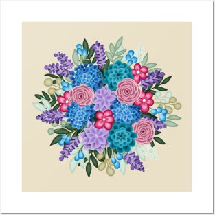 Pink, Teal, and Blue Floral bouquet Posters and Art